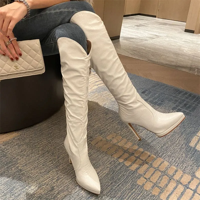 White and Black Leather Knee High Stiletto Boots for Women