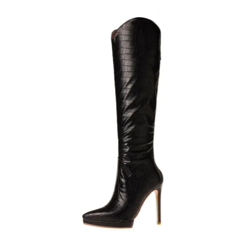 White and Black Leather Knee High Stiletto Boots for Women