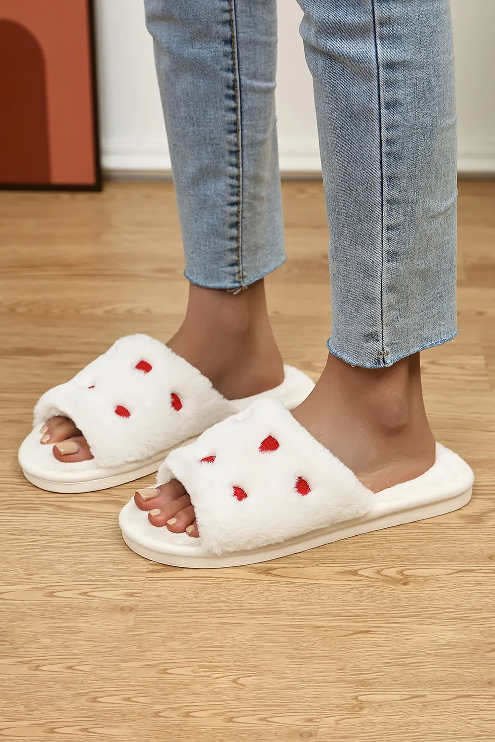 White Valentines Heart Pattern Open Toe Soft Fluffy Slippers