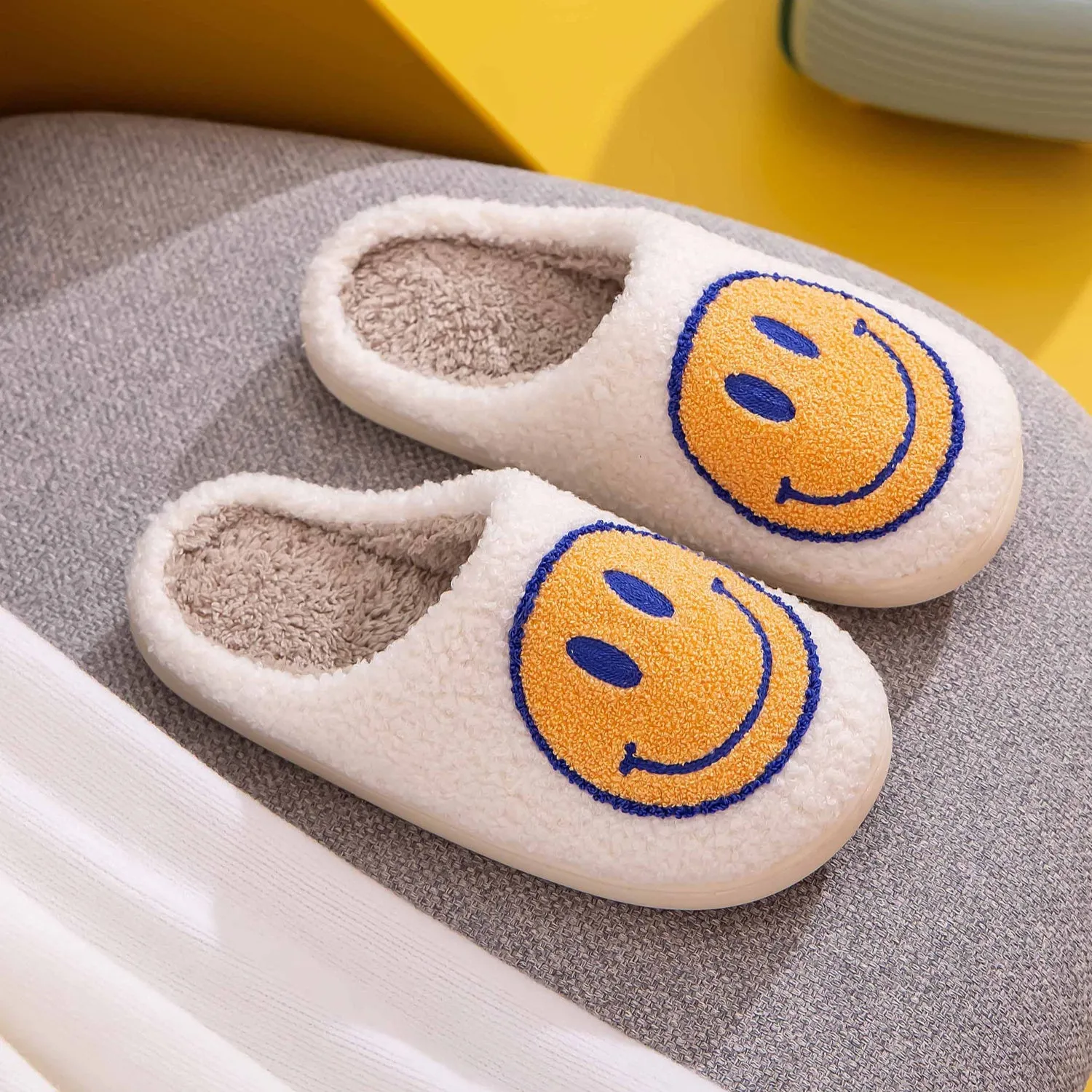 Yellow & Blue Smiley Face Slippers