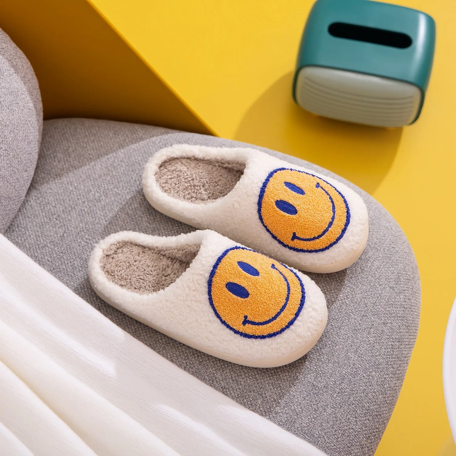 Yellow & Blue Smiley Face Slippers